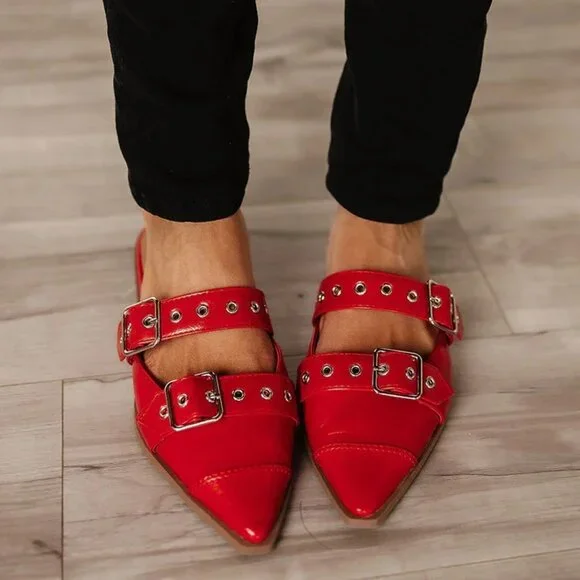 New Red Pointed Toe Slide Flat Loafers Mules Shoes Slip-On Silver Buckle Strap - Picture 4 of 4